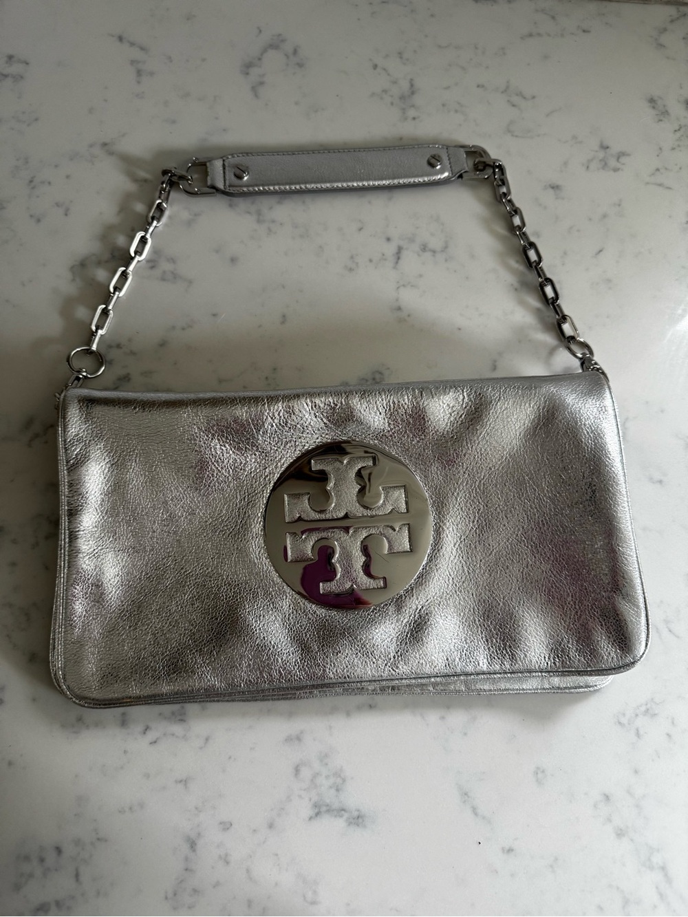 Tory Burch Metallic Silver Leather Logo Clutch with Chain Strap